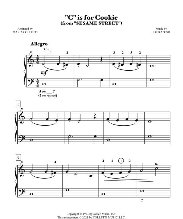 C is for Cookie (from SESAME STREET ) - Level 2 Piano Sheet Music