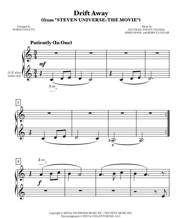 Drift Away (from STEVEN UNIVERSE THE MOVIE) Level 1 Piano Sheet Music